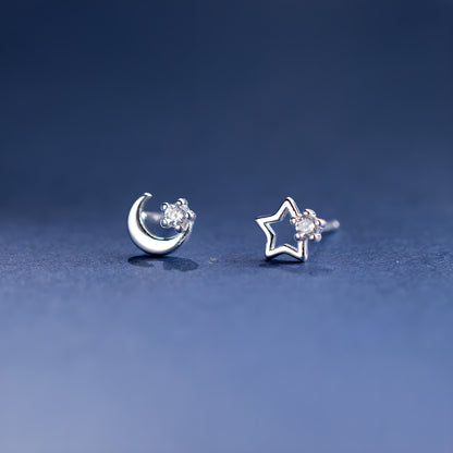 Asymmetrical Star and Moon Stud Earrings Sterling Silver