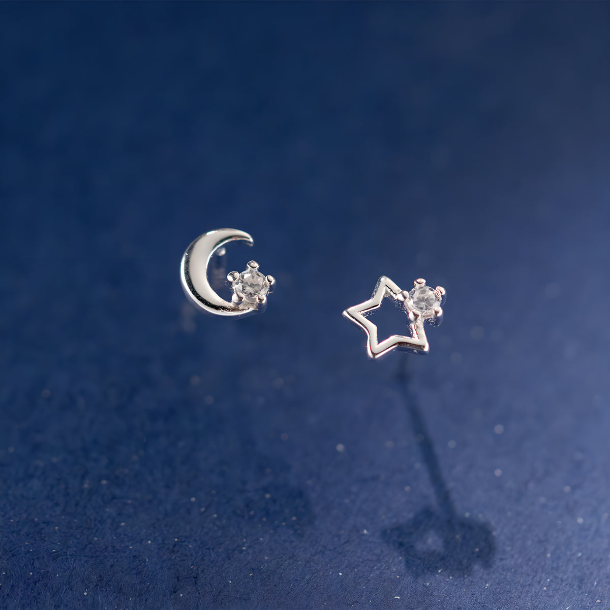 Asymmetrical Star and Moon Stud Earrings Sterling Silver