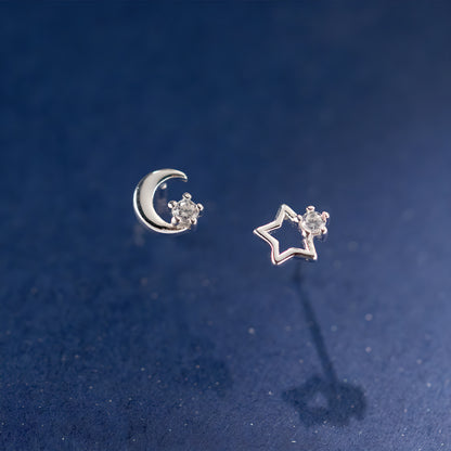 Asymmetrical Star and Moon Stud Earrings Sterling Silver