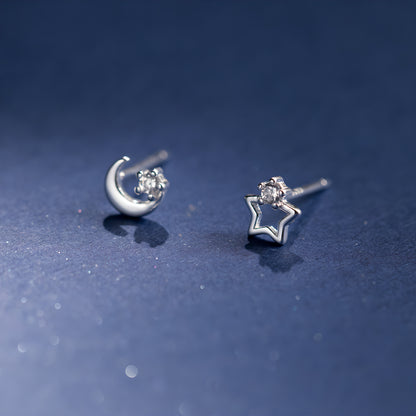 Asymmetrical Star and Moon Stud Earrings Sterling Silver
