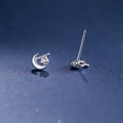 Asymmetrical Star and Moon Stud Earrings Sterling Silver
