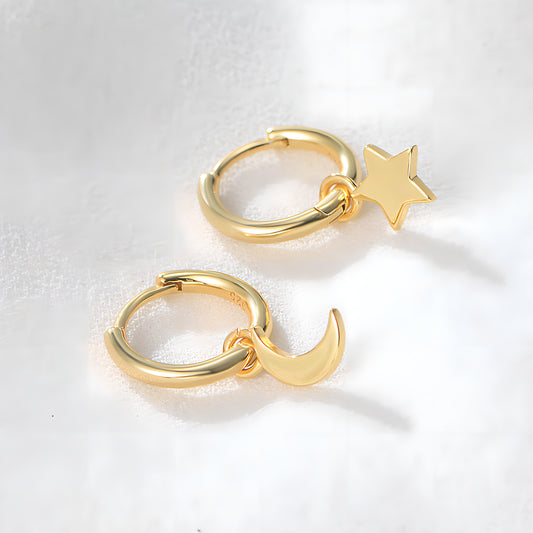 Asymmetrical Star & Moon Dangle Earrings in S925 Sterling Silver