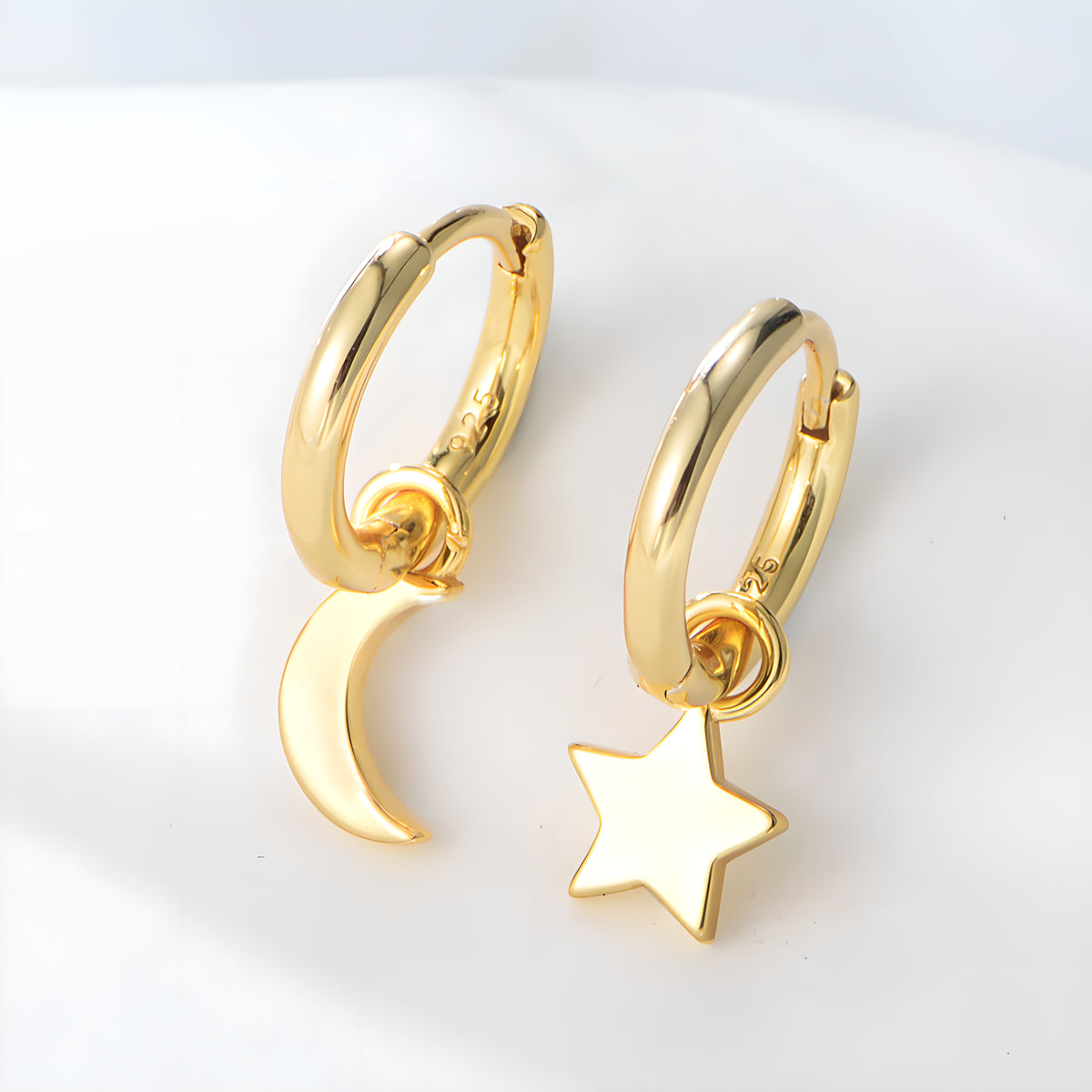 Asymmetrical Star & Moon Dangle Earrings in S925 Sterling Silver