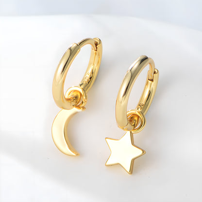 Asymmetrical Star & Moon Dangle Earrings in S925 Sterling Silver