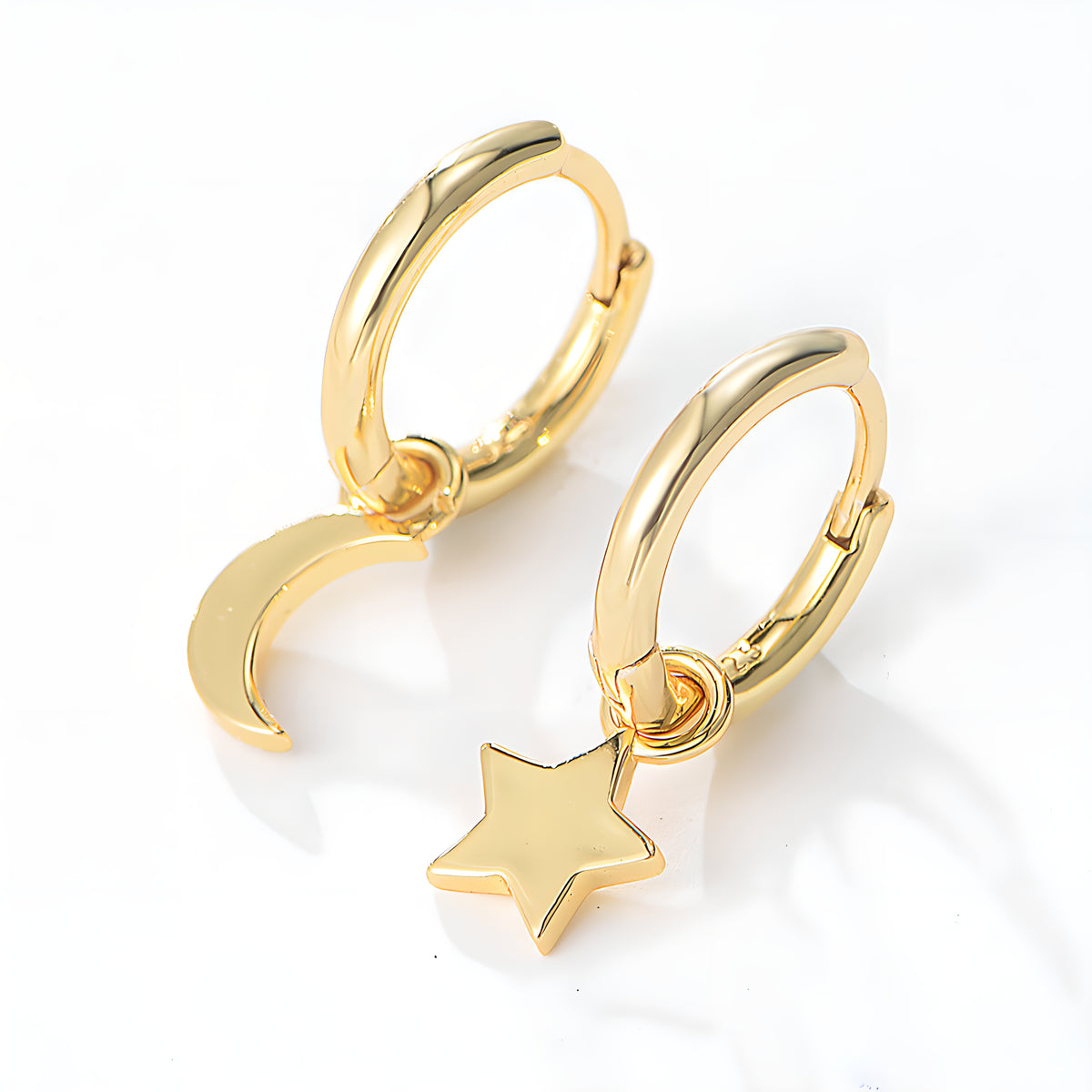 Asymmetrical Star & Moon Dangle Earrings in S925 Sterling Silver