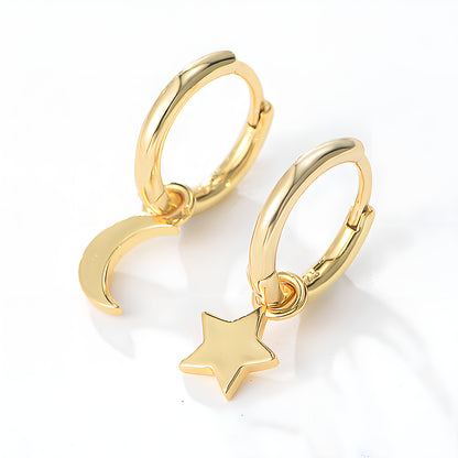 Asymmetrical Star & Moon Dangle Earrings in S925 Sterling Silver