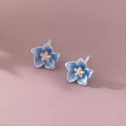 Blue Camellia Flower Stud Earrings S925 Sterling Silver