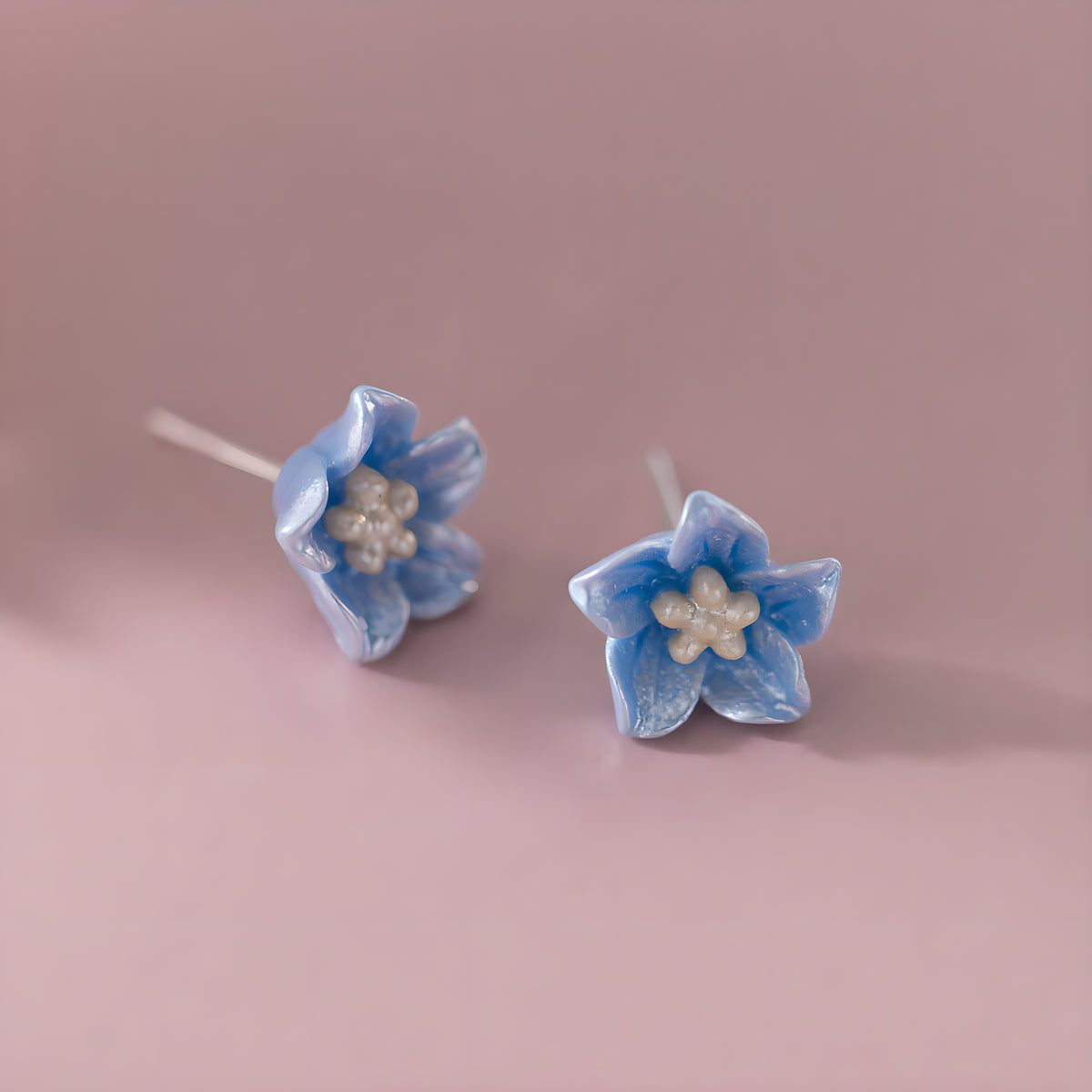 Blue Camellia Flower Stud Earrings S925 Sterling Silver