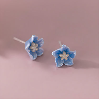 Blue Camellia Flower Stud Earrings S925 Sterling Silver