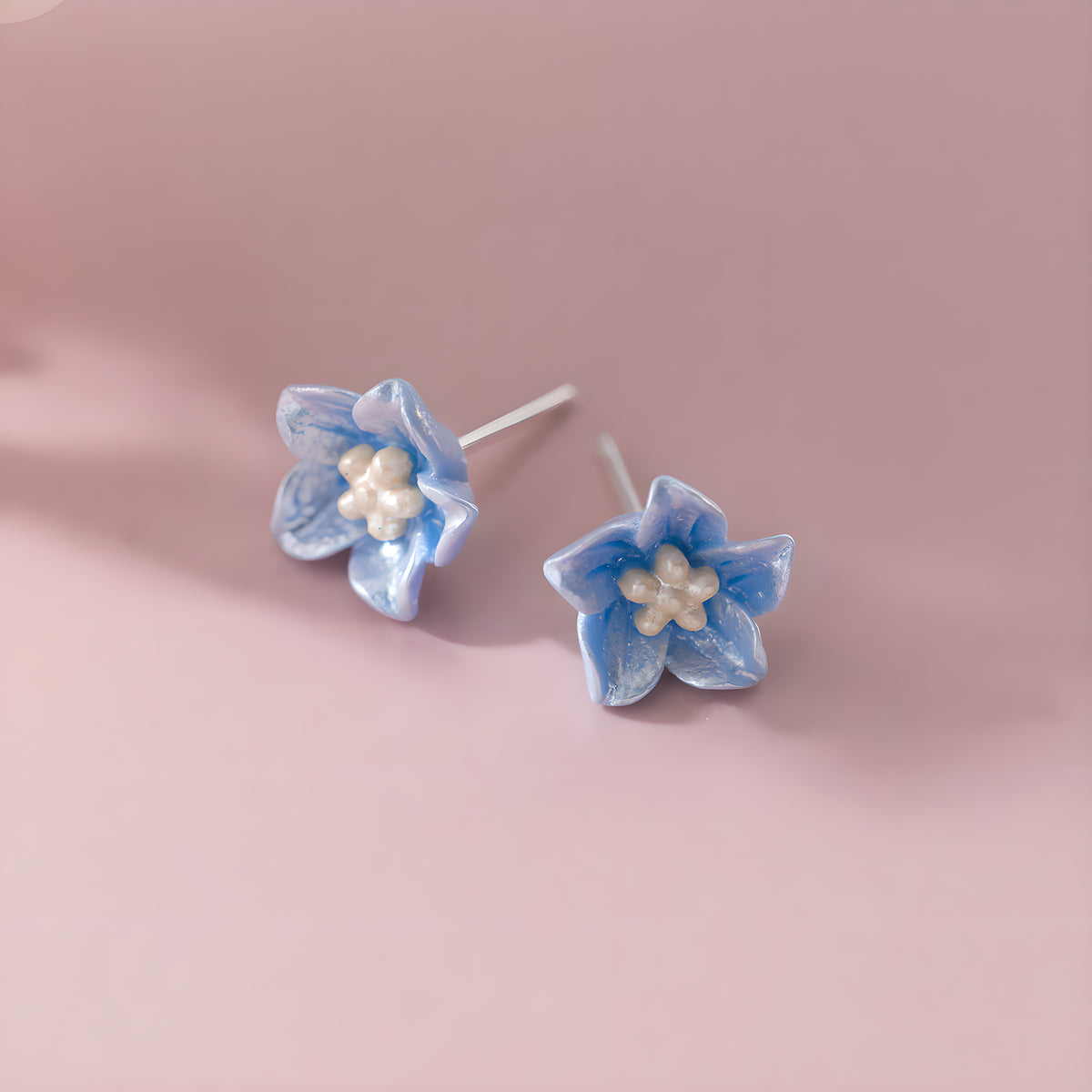 Blue Camellia Flower Stud Earrings S925 Sterling Silver