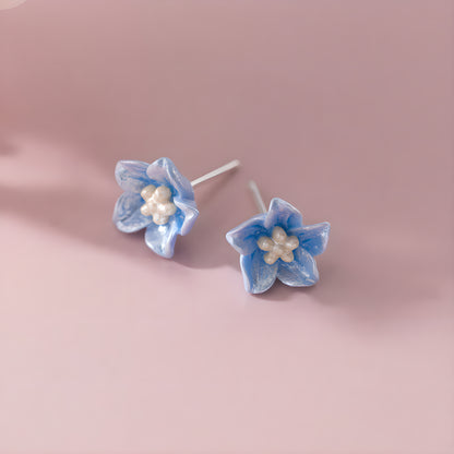 Blue Camellia Flower Stud Earrings S925 Sterling Silver
