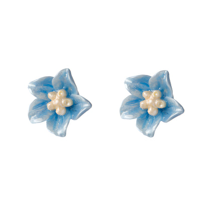 Blue Camellia Flower Stud Earrings S925 Sterling Silver