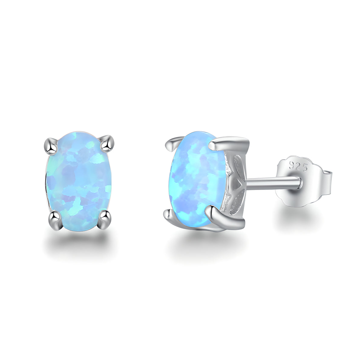 Blue Opal Stud Earrings S925 Silver Four Claw Setting