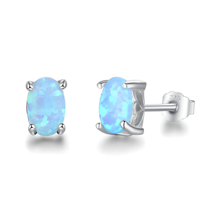 Blue Opal Stud Earrings S925 Silver Four Claw Setting