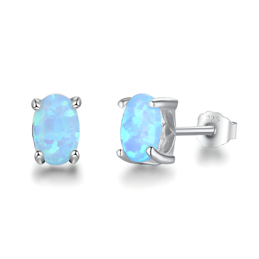 Blue Opal Stud Earrings S925 Silver Four Claw Setting