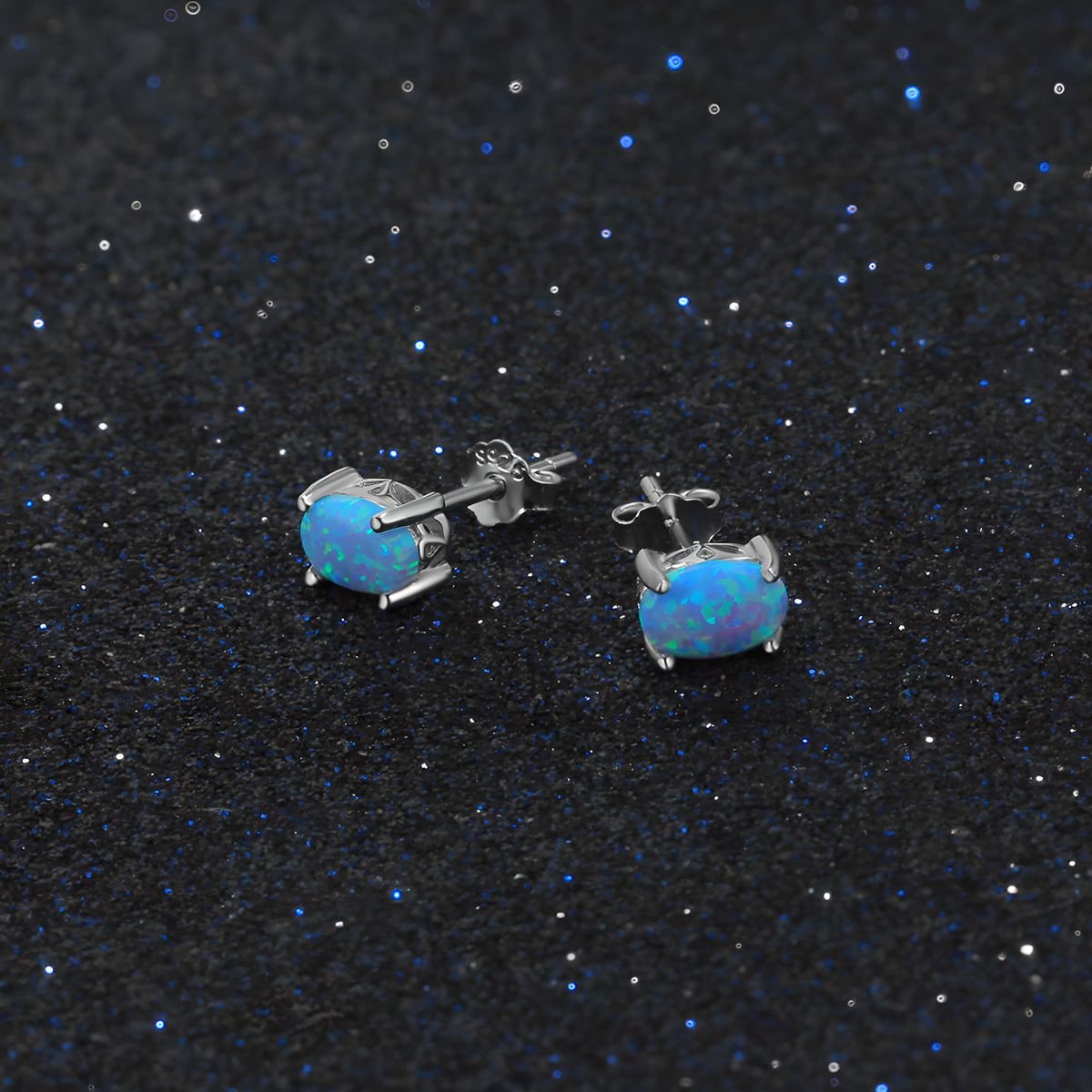 Blue Opal Stud Earrings S925 Silver Four Claw Setting