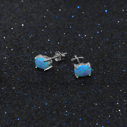 Blue Opal Stud Earrings S925 Silver Four Claw Setting