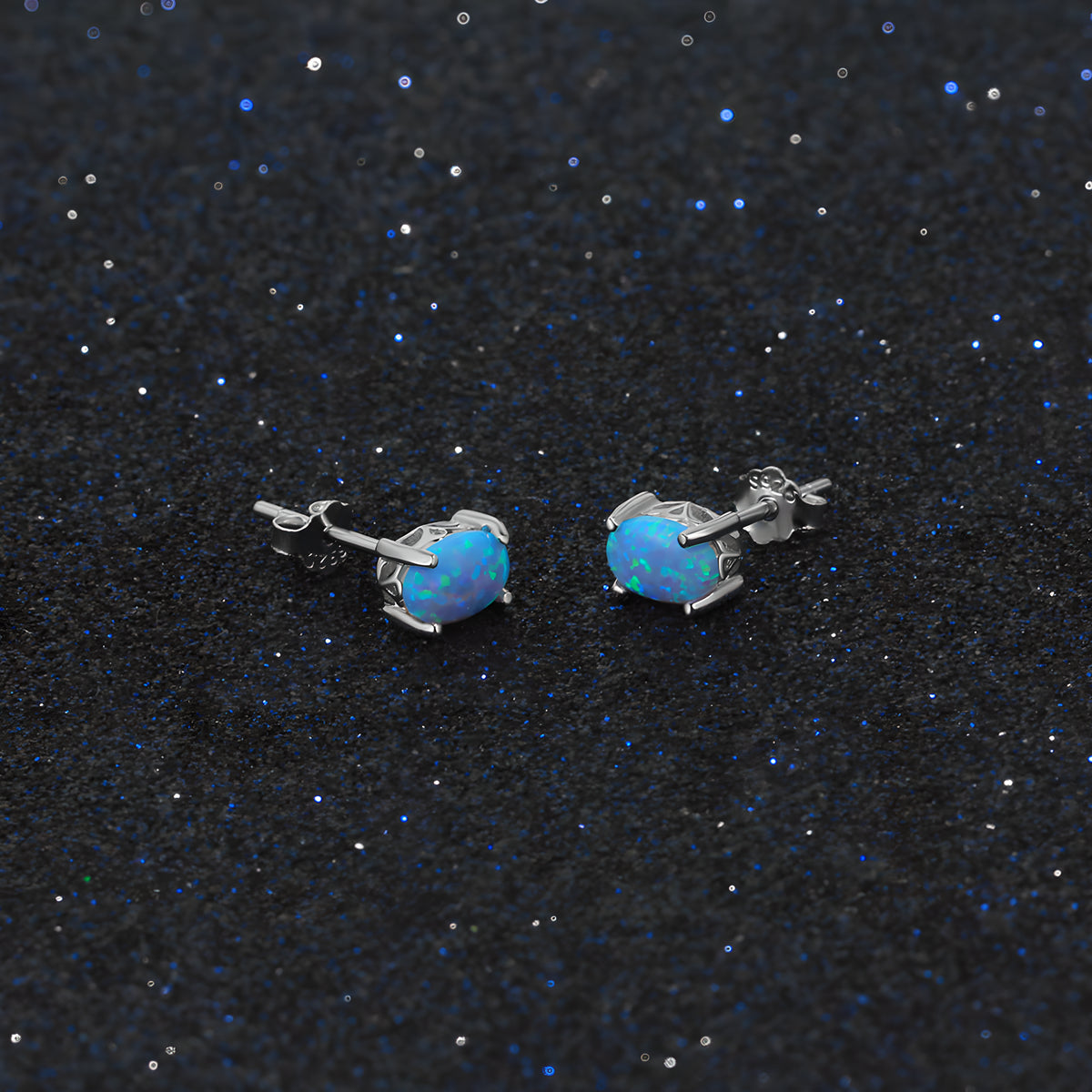 Blue Opal Stud Earrings S925 Silver Four Claw Setting