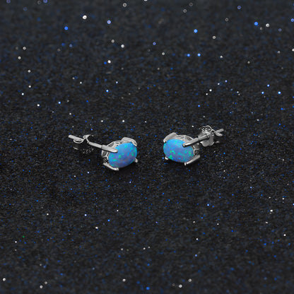 Blue Opal Stud Earrings S925 Silver Four Claw Setting