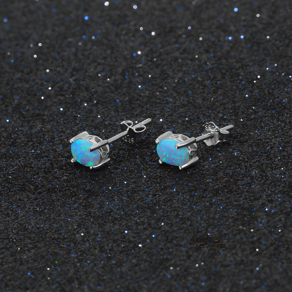 Blue Opal Stud Earrings S925 Silver Four Claw Setting