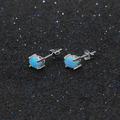 Blue Opal Stud Earrings S925 Silver Four Claw Setting