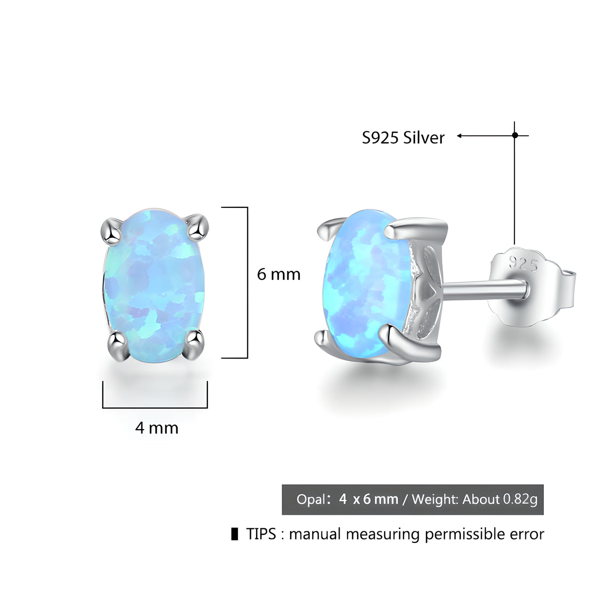 Blue Opal Stud Earrings S925 Silver Four Claw Setting