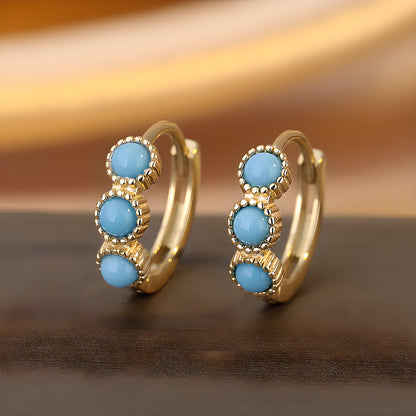 Bohemian Blue Turquoise Geometric Hoop Earrings in Sterling Silver