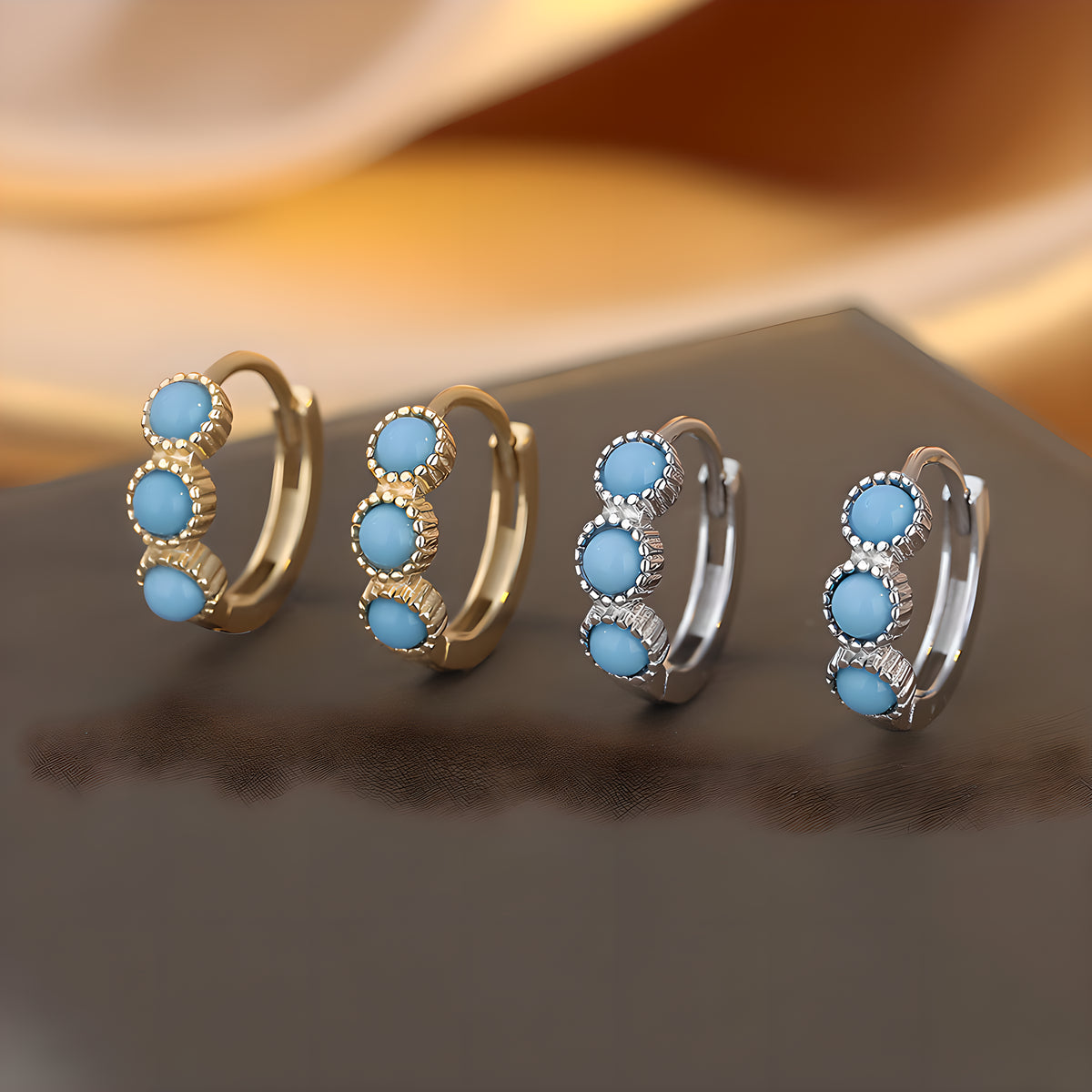 Bohemian Blue Turquoise Geometric Hoop Earrings in Sterling Silver