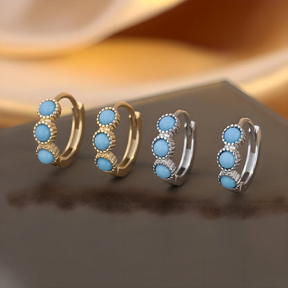 Bohemian Blue Turquoise Geometric Hoop Earrings in Sterling Silver