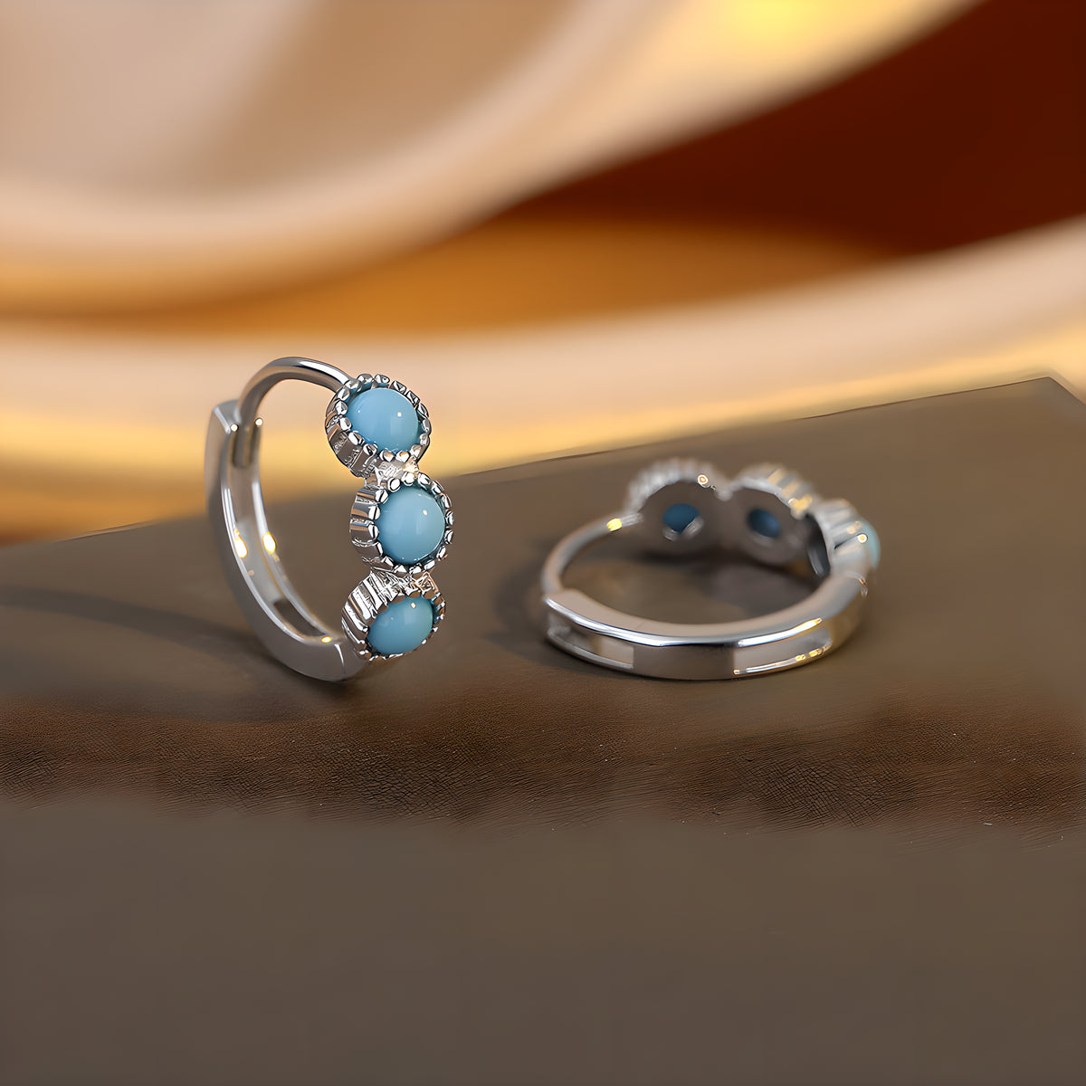 Bohemian Blue Turquoise Geometric Hoop Earrings in Sterling Silver