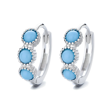 Bohemian Blue Turquoise Geometric Hoop Earrings in Sterling Silver