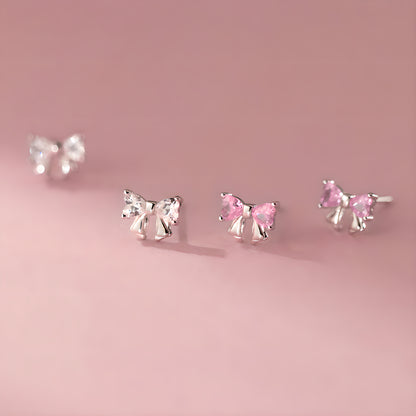 Bow Stud Earrings S925 Sterling Silver Cubic Zirconia Accented Korean Style