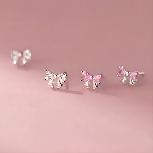 Bow Stud Earrings S925 Sterling Silver Cubic Zirconia Accented Korean Style