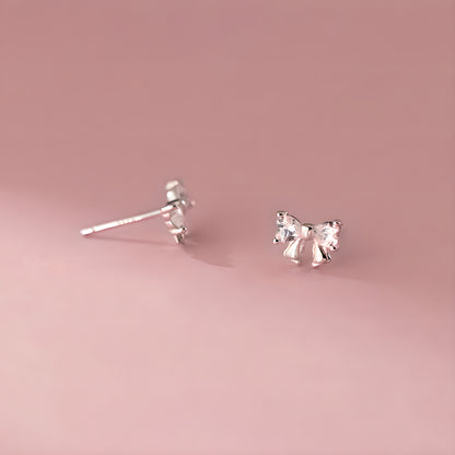 Bow Stud Earrings S925 Sterling Silver Cubic Zirconia Accented Korean Style
