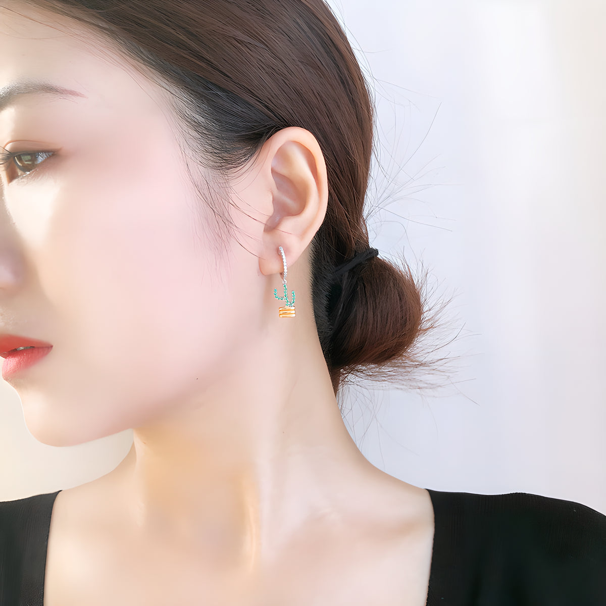 Creative Cactus Dangle Hoop Earrings Sterling Silver