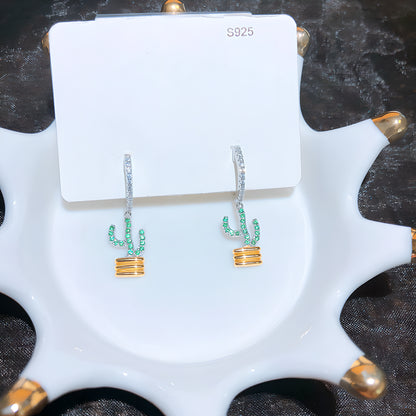 Creative Cactus Dangle Hoop Earrings Sterling Silver