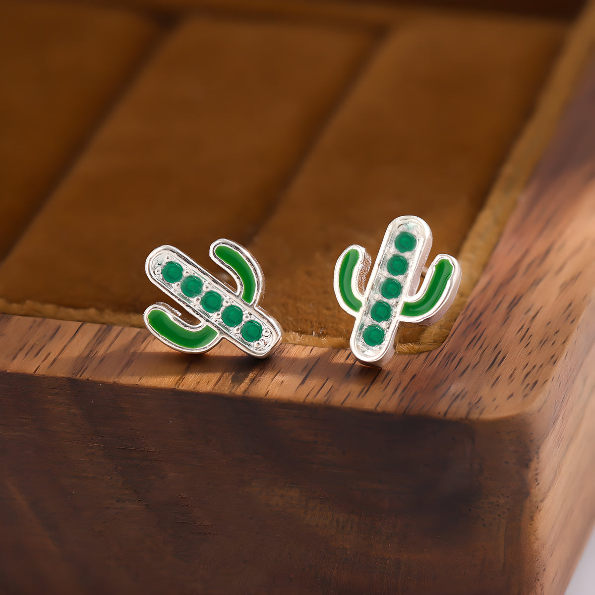 Crystal Cactus Green Enamel Stud Earrings