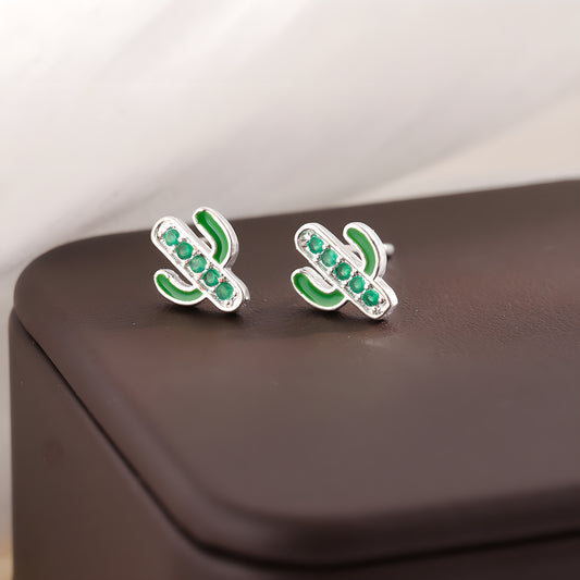Crystal Cactus Green Enamel Stud Earrings