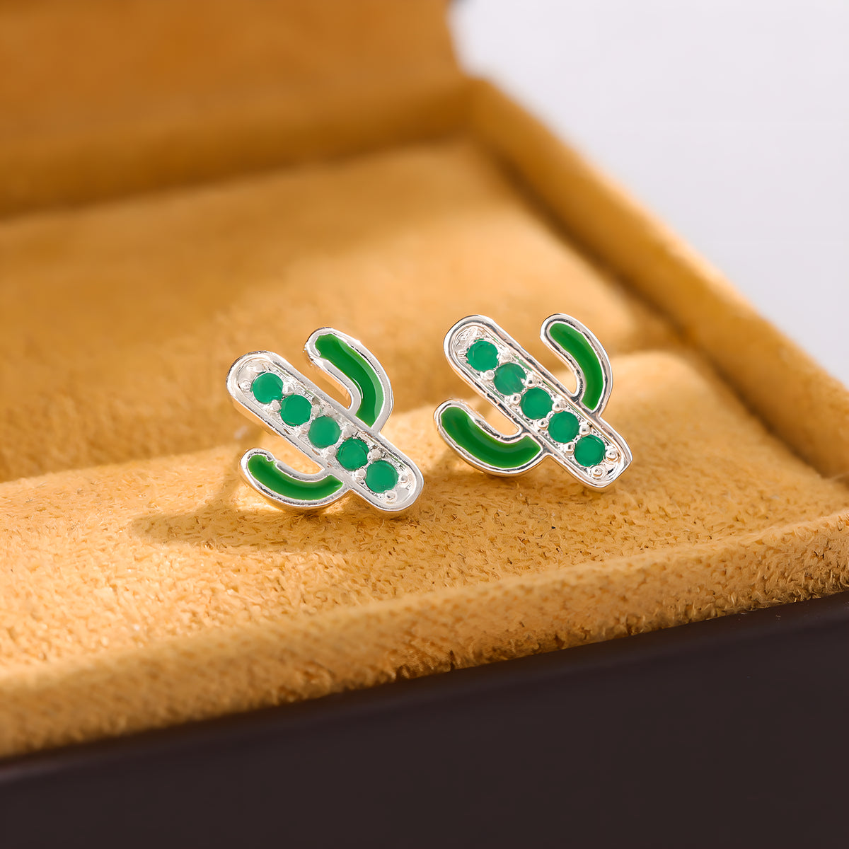 Crystal Cactus Green Enamel Stud Earrings