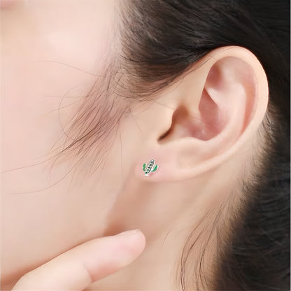 Crystal Cactus Green Enamel Stud Earrings