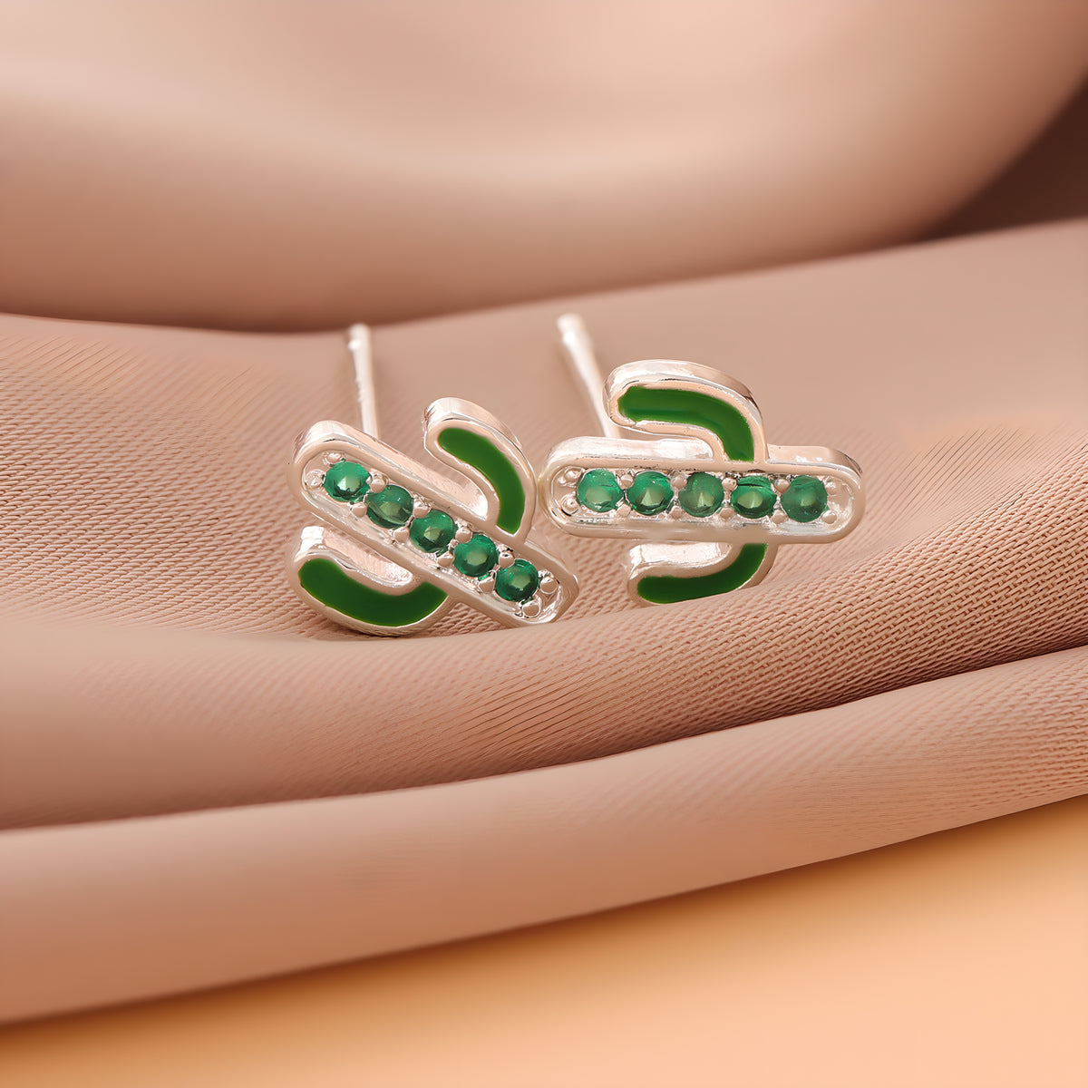 Crystal Cactus Green Enamel Stud Earrings