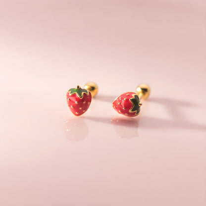 Cute Strawberry Enamel Screw Back Stud Earrings in S925 Silver