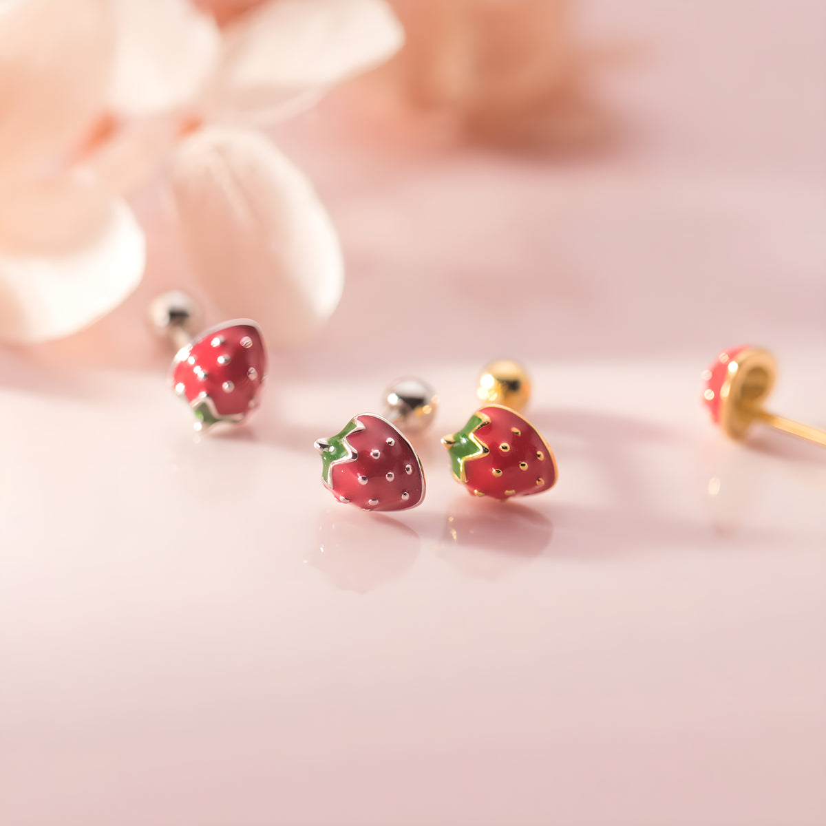 Cute Strawberry Enamel Screw Back Stud Earrings in S925 Silver