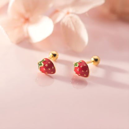 Cute Strawberry Enamel Screw Back Stud Earrings in S925 Silver