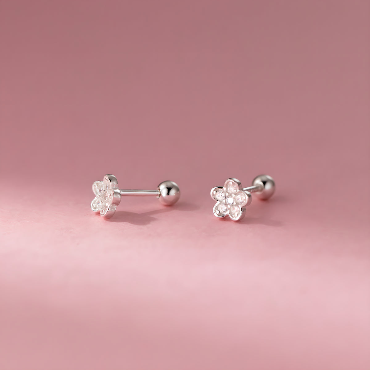 Dainty Pave Flower Sterling Silver Screw Back Stud Earrings