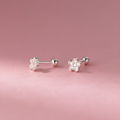 Dainty Pave Flower Sterling Silver Screw Back Stud Earrings