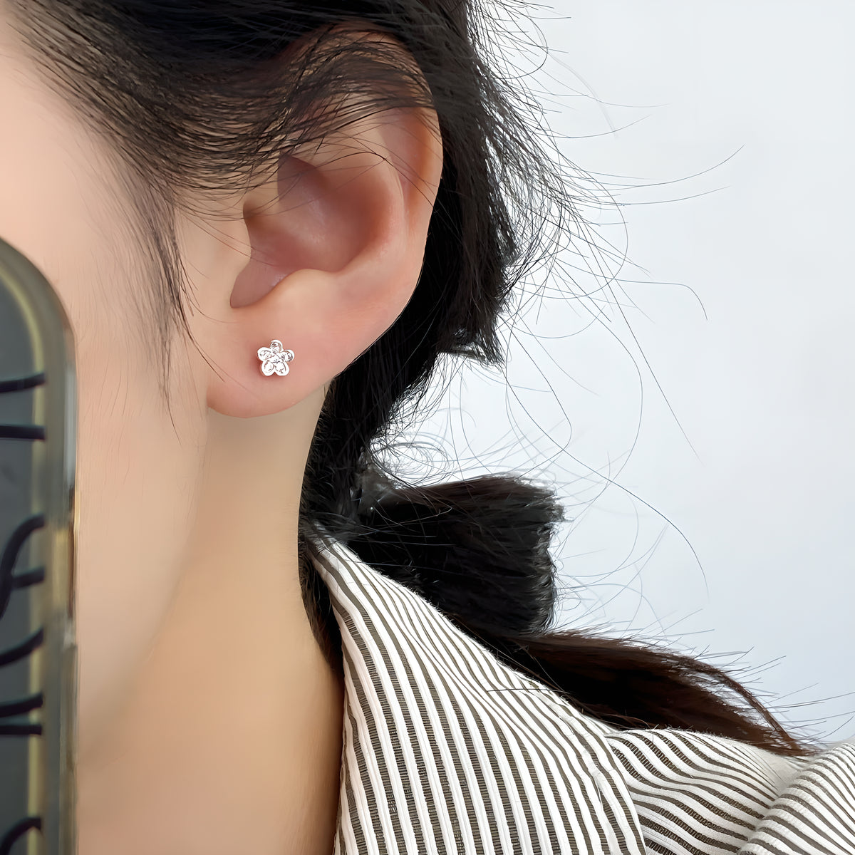 Dainty Pave Flower Sterling Silver Screw Back Stud Earrings