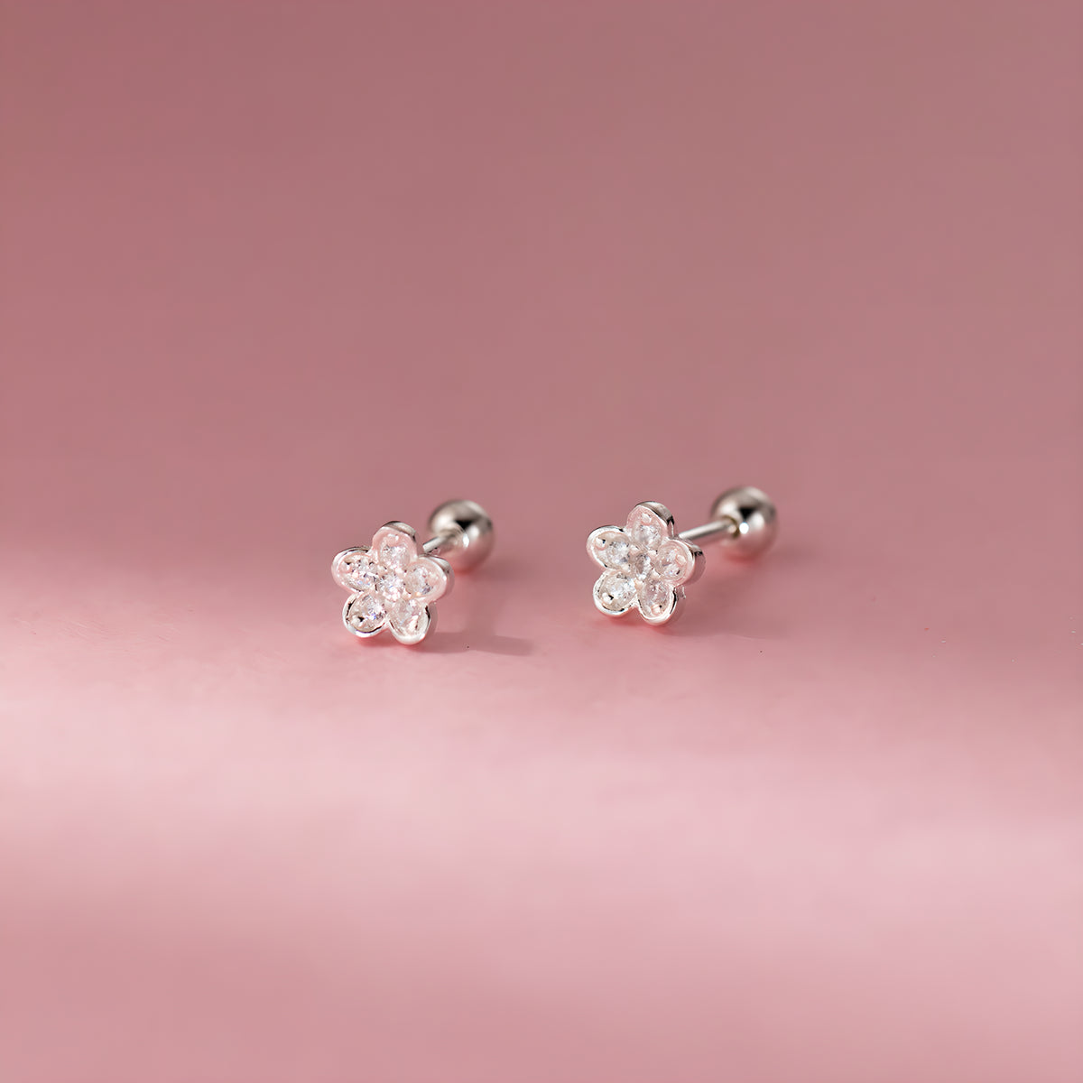 Dainty Pave Flower Sterling Silver Screw Back Stud Earrings