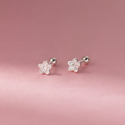 Dainty Pave Flower Sterling Silver Screw Back Stud Earrings