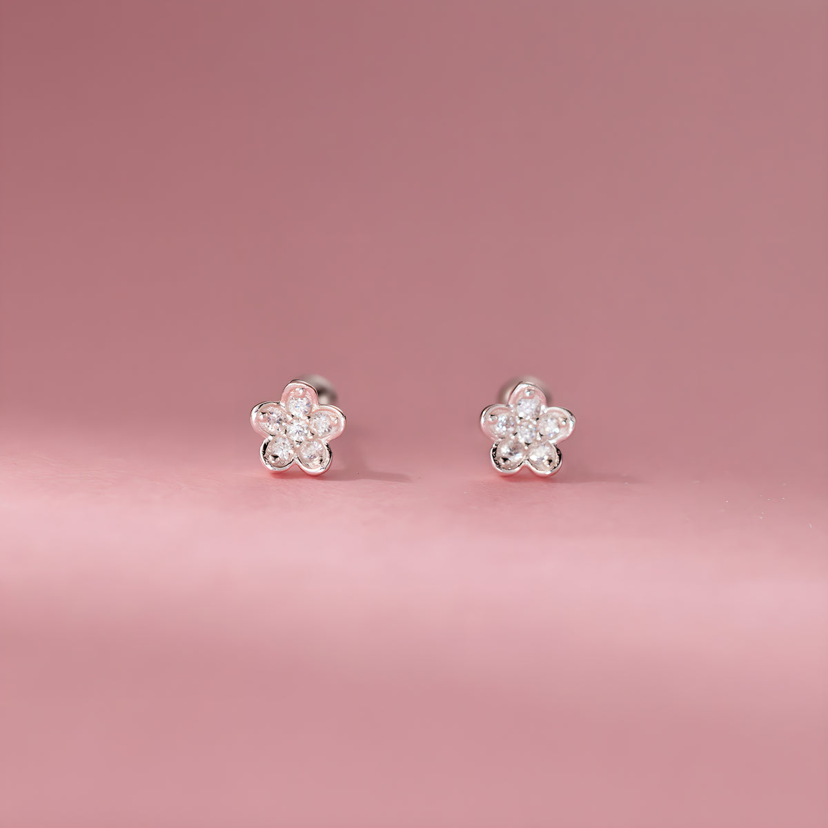 Dainty Pave Flower Sterling Silver Screw Back Stud Earrings